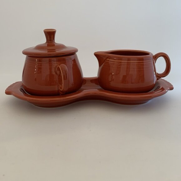 Fiesta Fiestaware Creamer & Lidded Sugar Bowl w/ Tray Cinnabar Homer Laughlin - Picture 2 of 12